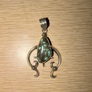 Turquoise Stone Silver Pendant - Teal and Brown